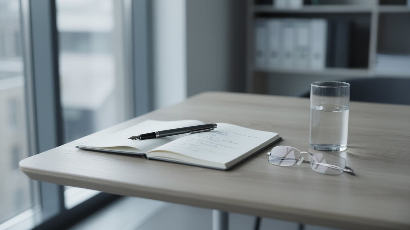 Aufgeschlagenes Notizbuch mit Füllfederhalter, Brille und einem Glas Wasser auf einem hellen Tisch am Fenster