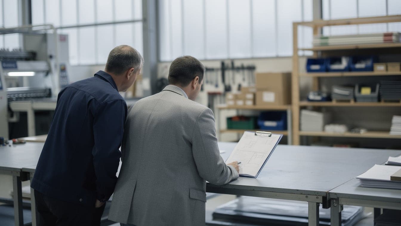 Ein Unternehmer und ein Berater stehen in einer Werkhalle an einem Arbeitstisch und sehen sich eine Zeichnung auf einem Klemmbrett an